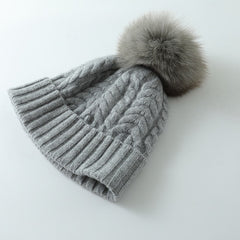 Cashmere Stretchy Cable Knit Beanie with Real Fur Pom Ski Hat