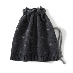 Soft Dot Pattern Pure Cashmere Knit Cap with Drawstring
