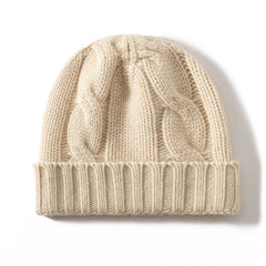 Pure Cashmere Thick Chunky Ribbed Cuff Cable Knit Beanie