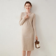 Cashmere Jumper V-Neck Twisted Striped Wool Ribbed Sweater Dress