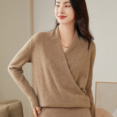 V-Neck Knitted Pullover Cashmere Wrap Sweater with Draped Front