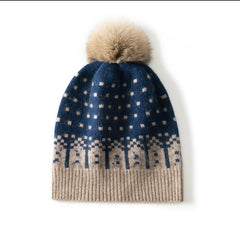 Fair Isle Cashmere Beanie with Fur Pom Pom Soft Warm Knitted Cap