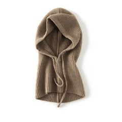 100% Cashmere Knitted Hooded Hat Scarf with Adjustable Drawstring