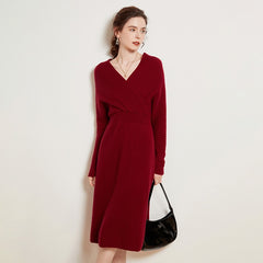 V-Neck Ribbed Cashmere Blend Dress Wrap Pullover Knit Dress