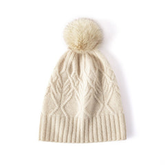 Pure Cashmere Cable Knit Beanie Hats With Fur Pom Pom Ski Cap