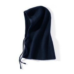 100% Cashmere Knitted Hooded Hat Scarf with Adjustable Drawstring