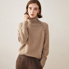 Asymmetric Button Detail Knit Cashmere Turtleneck Sweater
