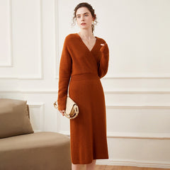 V-Neck Ribbed Cashmere Blend Dress Wrap Pullover Knit Dress
