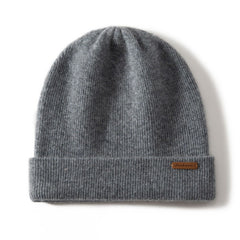 100% Cashmere Ribbed Knitted Beanie Cuffed Hat with Logo Patch
