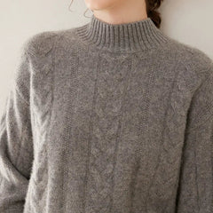 Women’s Pure Cashmere Cable Knit Mock Neck Ribbed Hem Pullover Sweater