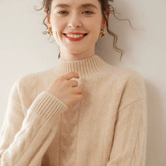 Women’s Pure Cashmere Cable Knit Mock Neck Ribbed Hem Pullover Sweater