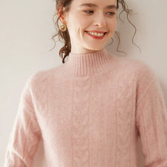 Women’s Pure Cashmere Cable Knit Mock Neck Ribbed Hem Pullover Sweater