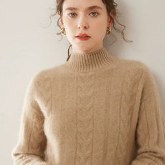 Women’s Pure Cashmere Cable Knit Mock Neck Ribbed Hem Pullover Sweater