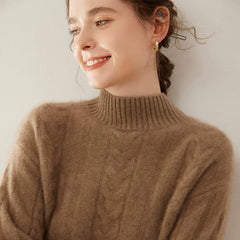 Women’s Pure Cashmere Cable Knit Mock Neck Ribbed Hem Pullover Sweater
