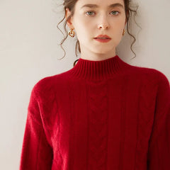 Women’s Pure Cashmere Cable Knit Mock Neck Ribbed Hem Pullover Sweater