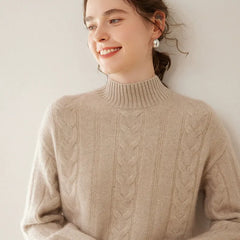 Women’s Pure Cashmere Cable Knit Mock Neck Ribbed Hem Pullover Sweater