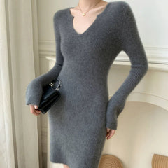 Ribbed Cashmere-Wool V-Neck Slim Fit Mid Length Sweater Dress