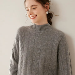Women’s Pure Cashmere Cable Knit Mock Neck Ribbed Hem Pullover Sweater