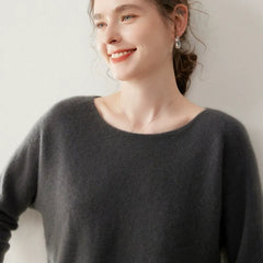 Elegant Relaxed Fit Knit Pullover Women's Cashmere Wool Boat Neck Sweater