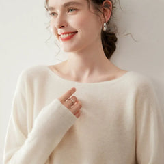 Elegant Relaxed Fit Knit Pullover Women's Cashmere Wool Boat Neck Sweater