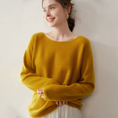 Elegant Relaxed Fit Knit Pullover Women's Cashmere Wool Boat Neck Sweater