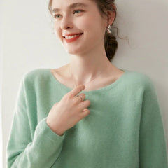 Elegant Relaxed Fit Knit Pullover Women's Cashmere Wool Boat Neck Sweater