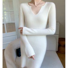 Ribbed Cashmere-Wool V-Neck Slim Fit Mid Length Sweater Dress