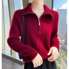 Women's Soft Ribbed Knit Zip Collar Cashmere Wool Pullover Sweater