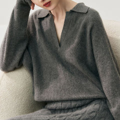 Women's Cashmere Blend Relaxed Knit Pullover Polo Collar Sweater