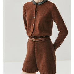 Elegant Jewel Neck Button Front Embellished Collar Cashmere Sweater Cardigan
