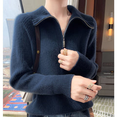 Women's Soft Ribbed Knit Zip Collar Cashmere Wool Pullover Sweater