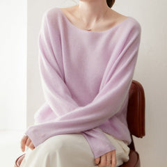 Elegant Relaxed Fit Knit Pullover Women's Cashmere Wool Boat Neck Sweater