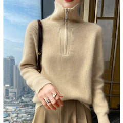 Women's Soft Ribbed Knit Zip Collar Cashmere Wool Pullover Sweater