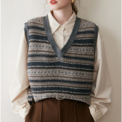 Casual Women's Cashmere Striped V-Neck Wool Knit Sweater Vest