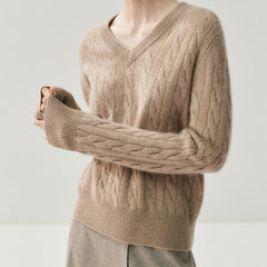 V-Neck Soft Relaxed Fit Pullover Jumper Cable Knit Cashmere Sweater