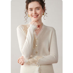 Women's Floral Lace Trim Cashmere Wool V-Neck Knitwear Cardigan