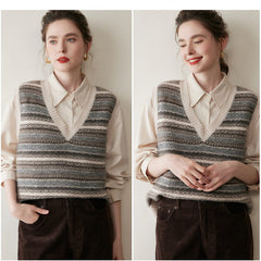 Casual Women's Cashmere Striped V-Neck Wool Knit Sweater Vest