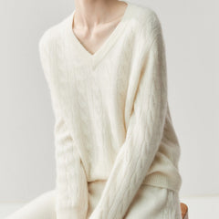 V-Neck Soft Relaxed Fit Pullover Jumper Cable Knit Cashmere Sweater