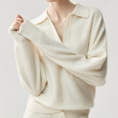 Women's Cashmere Blend Relaxed Knit Pullover Polo Collar Sweater
