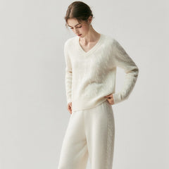 V-Neck Soft Relaxed Fit Pullover Jumper Cable Knit Cashmere Sweater