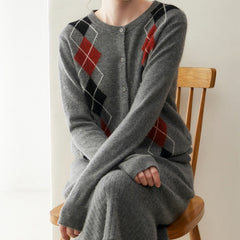 Women's Crew Neck Argyle Knit Top Vintage Style Cashmere Cardigan Sweater