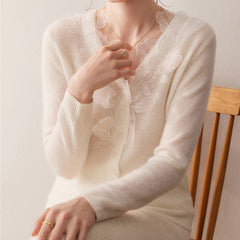 Soft V-Neck Button Front Knit Lace Trim Cashmere Wool Cardigan Sweater