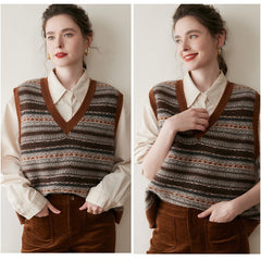 Casual Women's Cashmere Striped V-Neck Wool Knit Sweater Vest