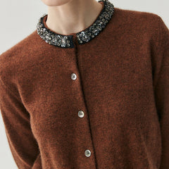 Elegant Jewel Neck Button Front Embellished Collar Cashmere Sweater Cardigan