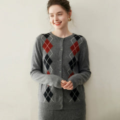 Women's Crew Neck Argyle Knit Top Vintage Style Cashmere Cardigan Sweater