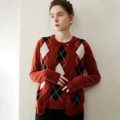 Women's Crew Neck Argyle Knit Top Vintage Style Cashmere Cardigan Sweater