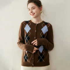 Women's Crew Neck Argyle Knit Top Vintage Style Cashmere Cardigan Sweater