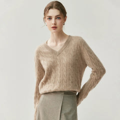 V-Neck Soft Relaxed Fit Pullover Jumper Cable Knit Cashmere Sweater