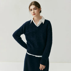 V-Neck Soft Relaxed Fit Pullover Jumper Cable Knit Cashmere Sweater