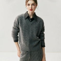V-Neck Soft Relaxed Fit Pullover Jumper Cable Knit Cashmere Sweater